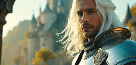 Portrait of medieval knight with blond hair in medieval armor on the castle backgroundの素材