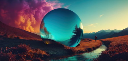 Fantasy landscape with a mirror ball in the shape of a planetの素材