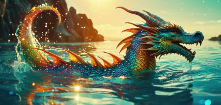 dragon in the sea. 3d illustration. Fantasy dragon in water.の素材