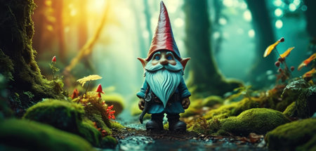 Garden gnome in the forest. Fantasy forest. 3d rendering.の素材
