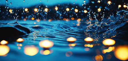 Beautiful water splashes with bokeh lights on the backgroundの素材