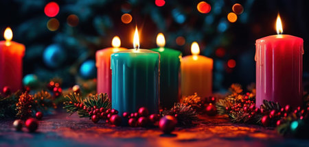 Christmas candles and decorations on a dark background. Christmas and New Year concept.の素材