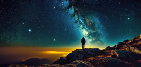 Man standing on the top of a mountain looking at the milky wayの素材