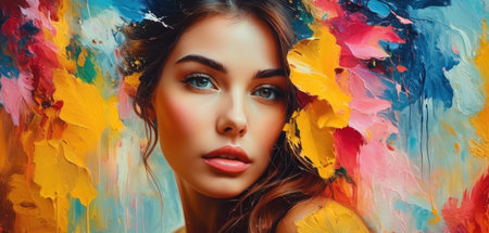 Portrait of a beautiful young woman with bright makeup and creative hairstyleの素材