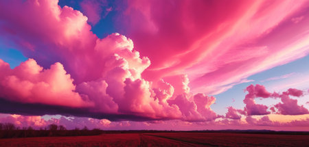 Sunset over the field with pink clouds. Beautiful natural landscape.の素材