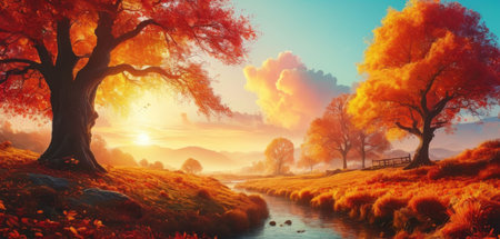 Autumn landscape. Colorful autumn trees and river on a sunny day.の素材