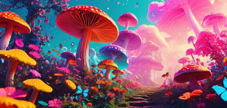 Fantasy landscape with magic mushrooms. 3d illustration. Fairy forest.の素材