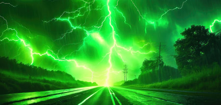 Green lightning strike on the road in the forest. 3d renderingの素材