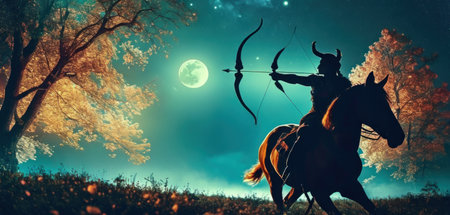 Horseman with bow and arrow on the background of the moonの素材