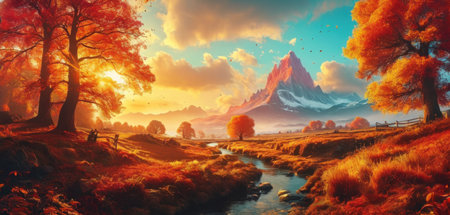 Fantasy landscape with mountains and river in autumn. Digital painting.の素材