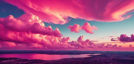 Aerial view of beautiful sunset over the lake. Panoramic image.の素材