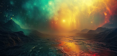 Fantasy alien planet. Mountain and nebula. 3D illustrationの素材