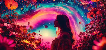 Double exposure of beautiful woman and cosmos flowers. Colorful background.の素材