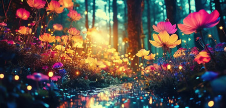 Beautiful magic fairy forest with colorful flowers. 3D Renderingの素材