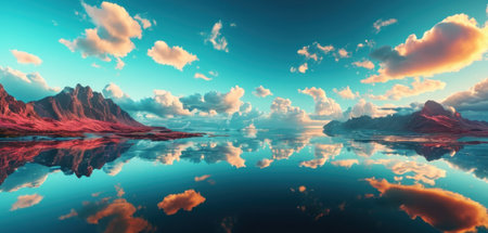 beautiful seascape with mountains and clouds on the water - 3d renderの素材