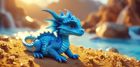 3d rendering of a fantasy dragon on the beach in the eveningの素材