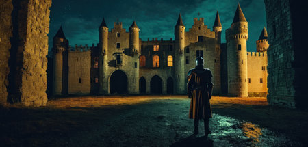 Medieval castle at night with a woman in a cloak. 3d renderの素材