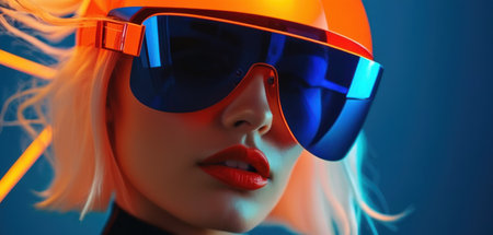 Portrait of a beautiful girl in a helmet and goggles. 3d rendering.の素材