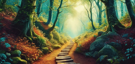 Beautiful fantasy landscape with a path in the forest. 3d renderingの素材