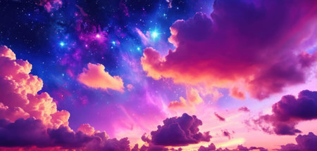 Beautiful purple sky background with clouds and stars. Panorama.の素材