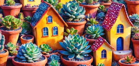 Miniature houses made of succulents and cacti.の素材