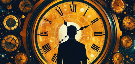 Silhouette of a businessman against the background of the clock.の素材
