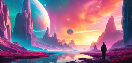 Fantasy alien planet. Mountain and lake. 3D illustration.の素材