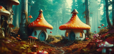 Fantasy landscape with magic mushroom house in the forest. 3d renderingの素材