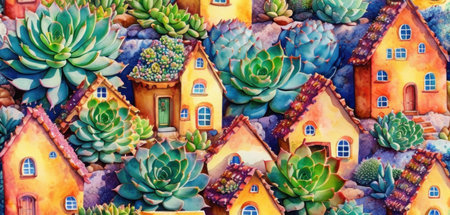 Seamless pattern with colorful houses and succulents on the wallの素材