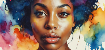 Beauty portrait of young african american woman with colorful watercolor splash.の素材