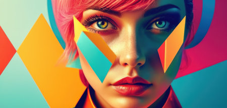 Fashion portrait of beautiful girl with pink hair and colorful make-upの素材