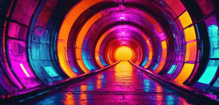 Futuristic tunnel corridor with glowing neon lights. 3d renderingの素材
