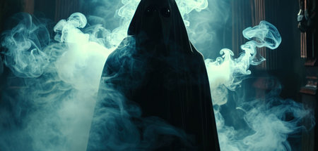 Horizontal image of woman in death costume with smoke in the dark roomの素材
