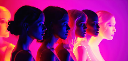 Group of female mannequins in neon light. Concept of fashion and beauty.の素材