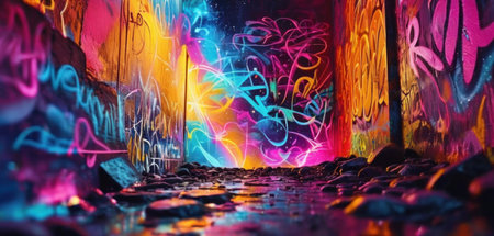 Colorful graffiti on the wall in the dark. 3D renderingの素材