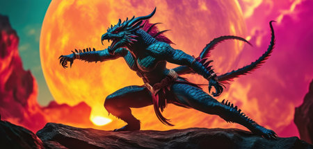 3D rendering of a fantasy dragon in front of a full moonの素材