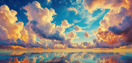 Dramatic sunset sky with clouds reflected in water surface. 3d renderingの素材