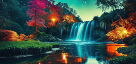 Beautiful waterfall in the forest at night. Nature landscape background.の素材