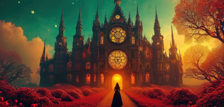 Fantasy landscape with the image of a girl on the background of the castle.の素材