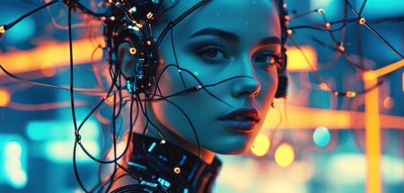 Futuristic cyborg woman in cyber space. 3d renderingの素材