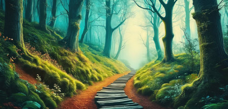 Mysterious forest path in the fog. 3D illustration.の素材