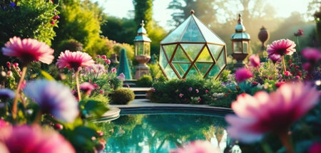 Beautiful garden with flowers and lanterns on the background of the setting sunの素材