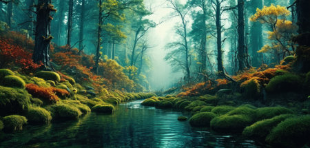 Foggy autumn forest with a stream in the foreground, 3d renderingの素材