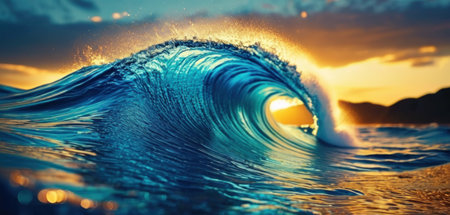 Surfing ocean wave at sunset time. 3D Rendering.の素材