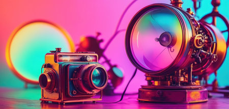 Vintage camera on the background of colored lights. Retro camera.の素材