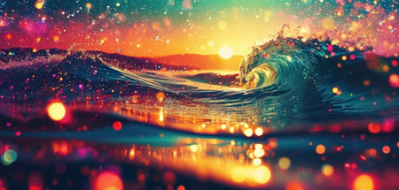 Surfing wave with sunset background. 3d rendering toned imageの素材