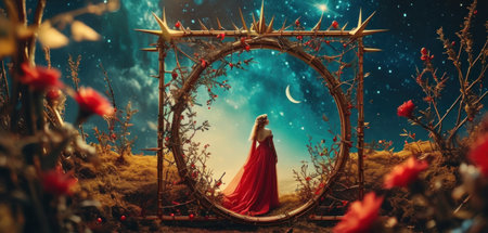 3d illustration of a fantasy scene with a beautiful woman in a red dressの素材