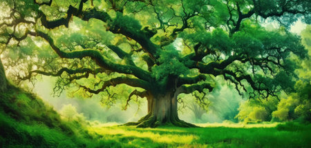 Beautiful old oak tree in the forest. Digital art painting.の素材