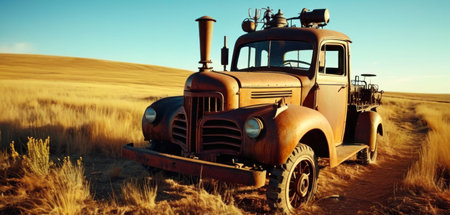 Abandoned old truck in the middle of the prairie.の素材