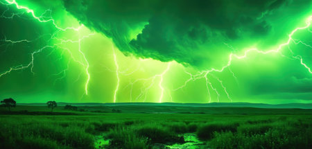 Green thunderstorm over the field. 3D rendering. Computer digital drawing.の素材